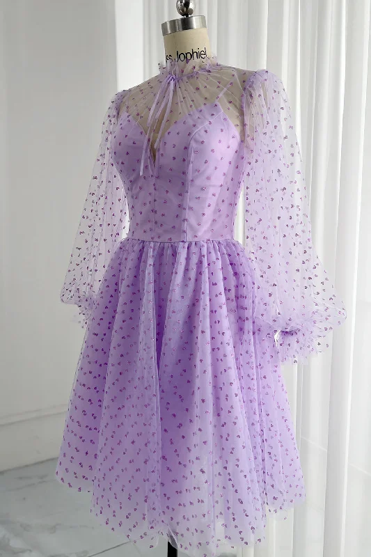 Long Puff Sleeves Illusion Mini Formal Dress