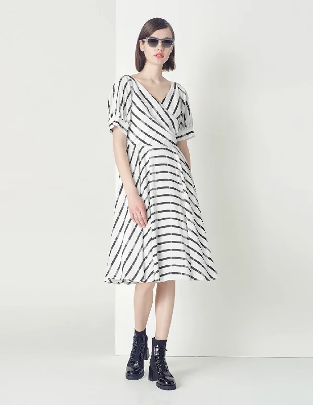 MARYLING V-NECK PUFFED SLEEVES STRIPE PRINT DRESS