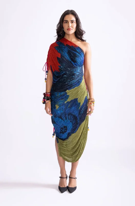 Mira one shoulder micro pleat dress