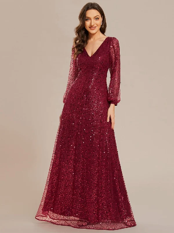 Kerrianna V-neck long lantern sleeve sequin A-Line dress