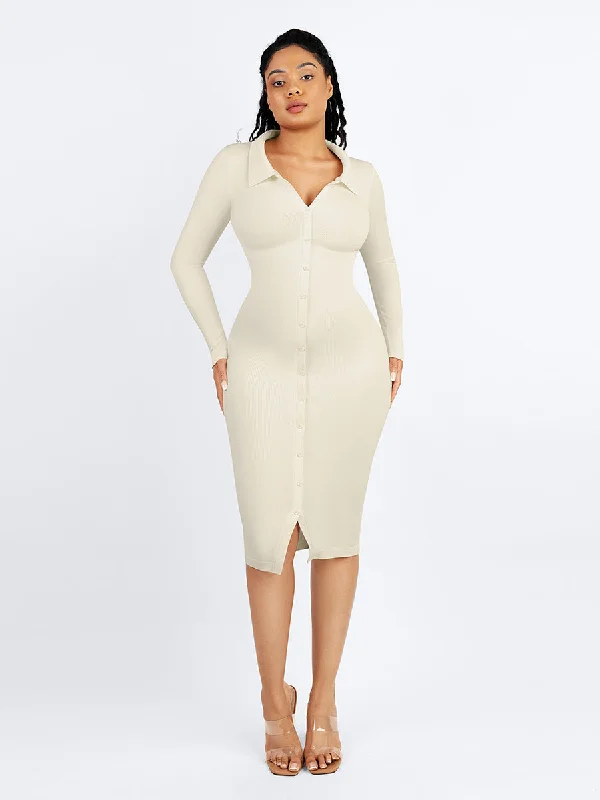 Long Sleeve Ribbed Button Dress - White
