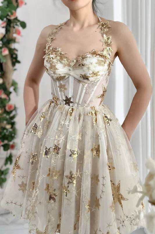 Corset Top Star Sequin Dress with Tie Straps