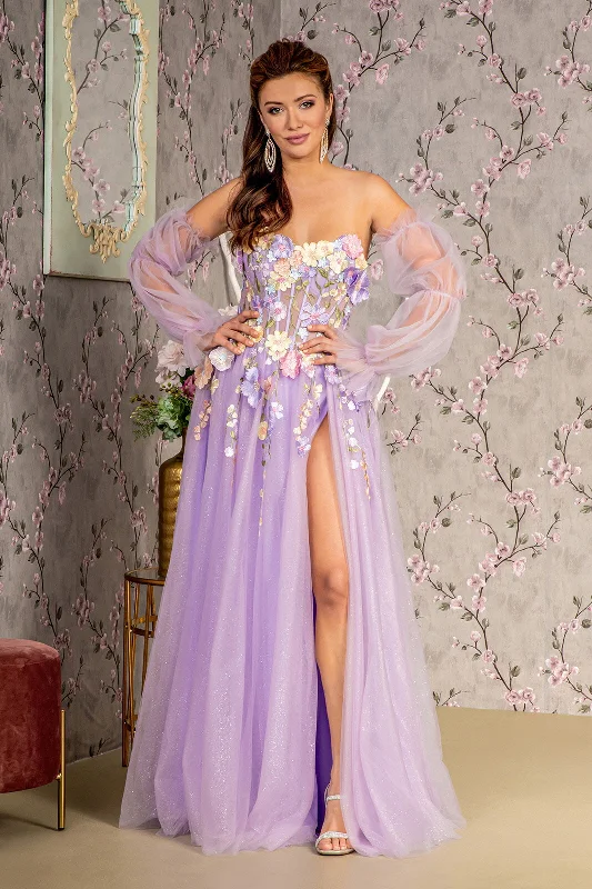 3D Flower Glitter Mesh A-line Long Sleeves Long Prom Dress GLGL3233