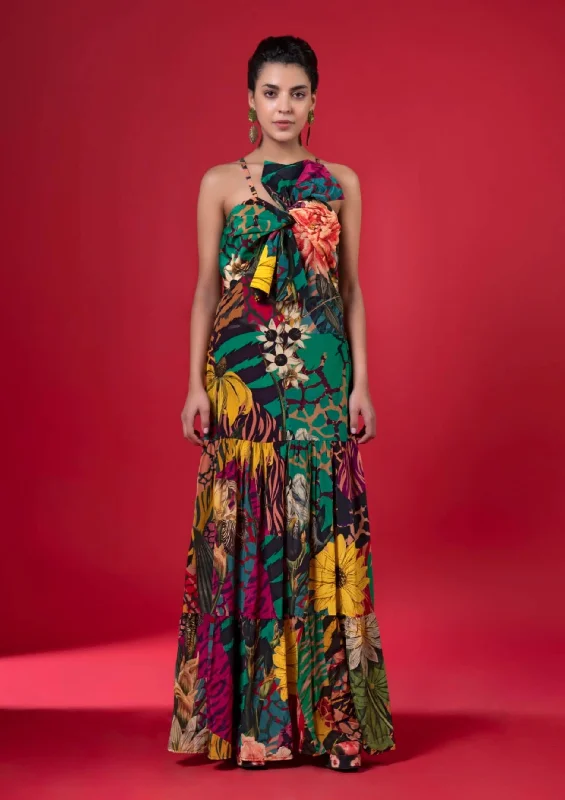 Juniper print front bow tie tier dress