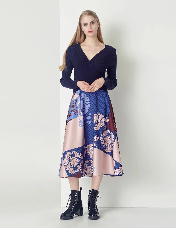 MARYLING Blue bottom pink flower V-neck knitted stitching dress