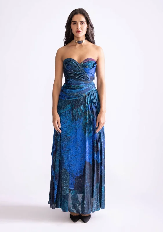 Mila blue pleated strapless dress
