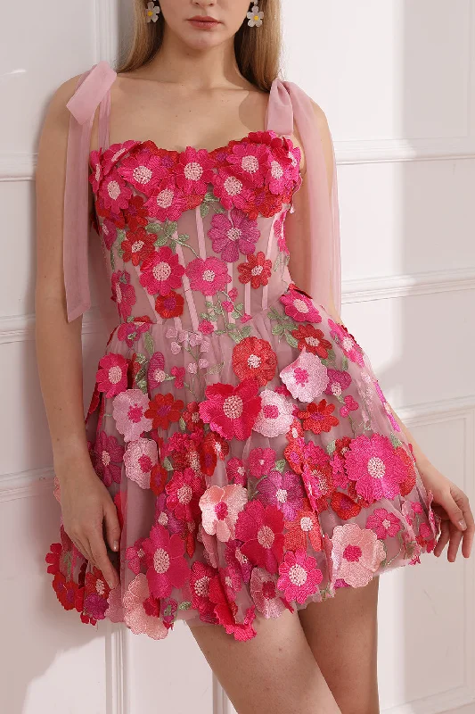 Corset Floral Embroidery Fuchsia/Pink Dress with Tie Straps