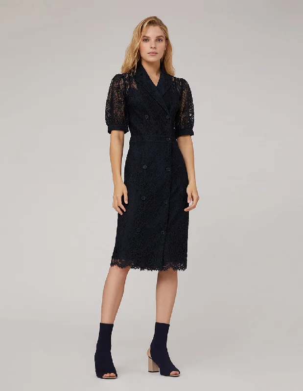 MARYLING PEAK-LAPEL MIDI LACE DRESS