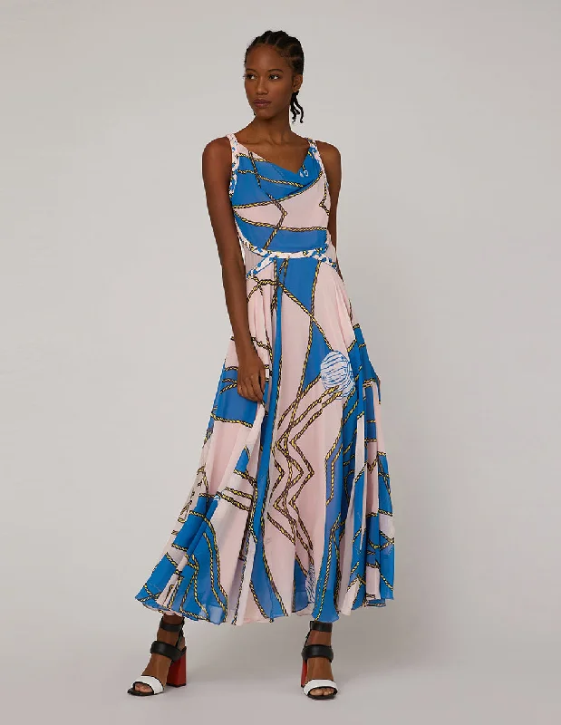 MARYLING DRAPE NECK BRAID GEORGETTE PRINT MAXI-DRESS