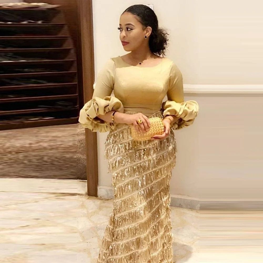 Women's Dresses Round Neck Lantern Long Sleeve Tassel Slim Gold Dress 2023 Autumn New Ladies Elegant Party Evening Clothes