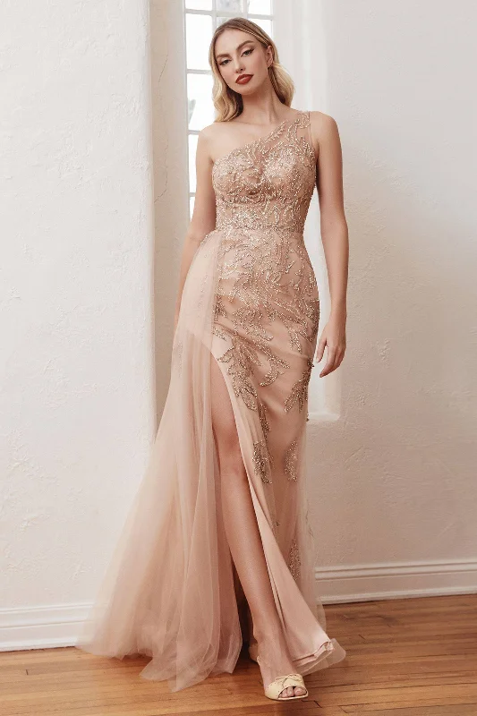 One Shoulder Embellished Bodice Mermaid Tulle Overskirt Leg Slit Long Prom Dress CDCB098