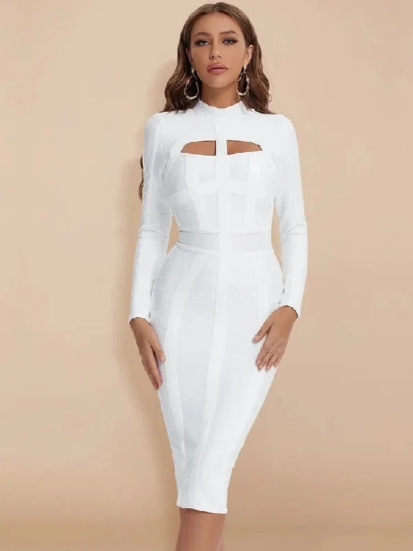 BEAUKEY Women White Hollow Out HL Bandage Dress  Long Sleeve Bodycon Sexy Cut Out High Neck Party Red Black Midi Runway Dress XL