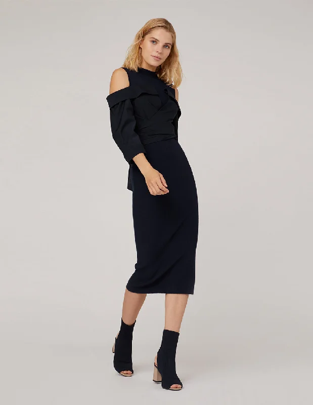MARYLING SEMI-TURTLENECK KNIT SPLICED WOVEN DRESS