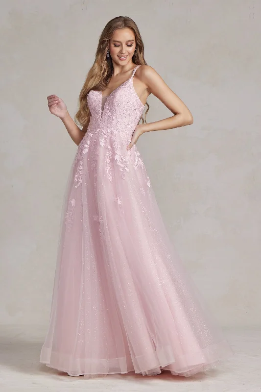 Illusion V-Neck Embroidered Lace Straps Open Back Long Prom Dress NXT1136