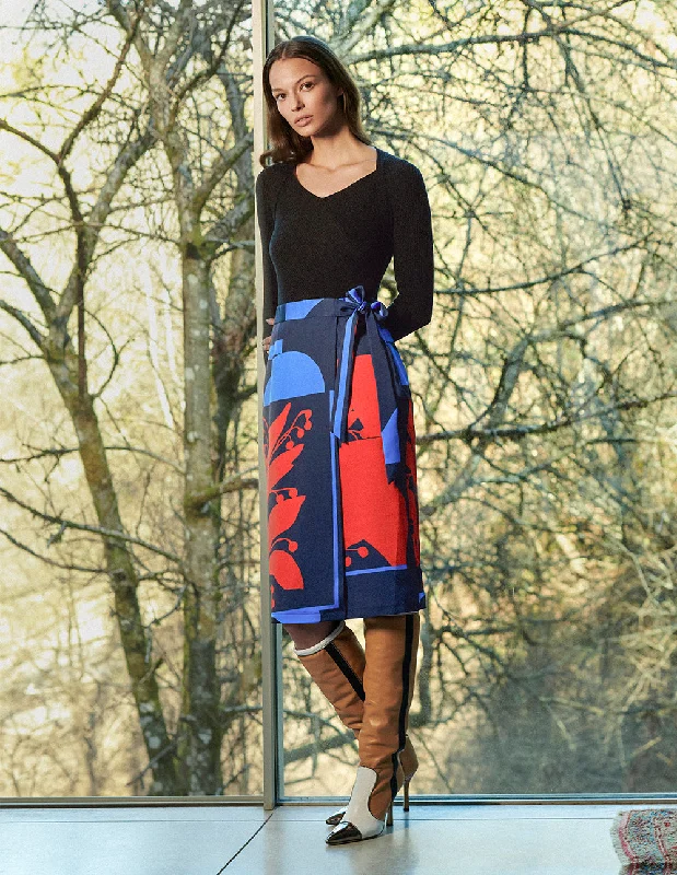 MARYLING Deep sea red flower V-neck knitted print dress