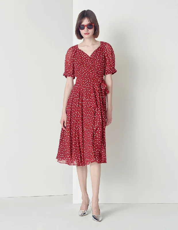 MARYLING V-Neck Puffed Sleeves Dots Print Dress