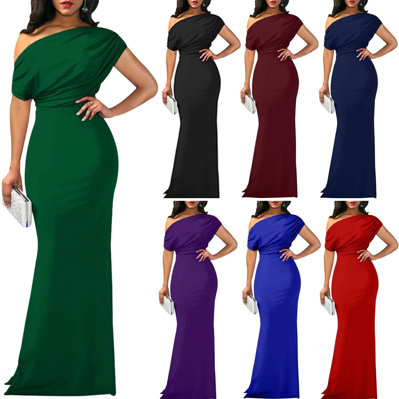 Women Oblique Shoulder Slim Folds Long Dress Elegant Evening Party Floor Length Dresses Vestido de festa