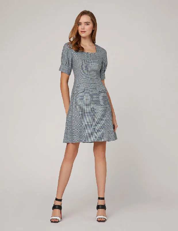 MARYLING Blue white square collar waist A swing houndstooth dress