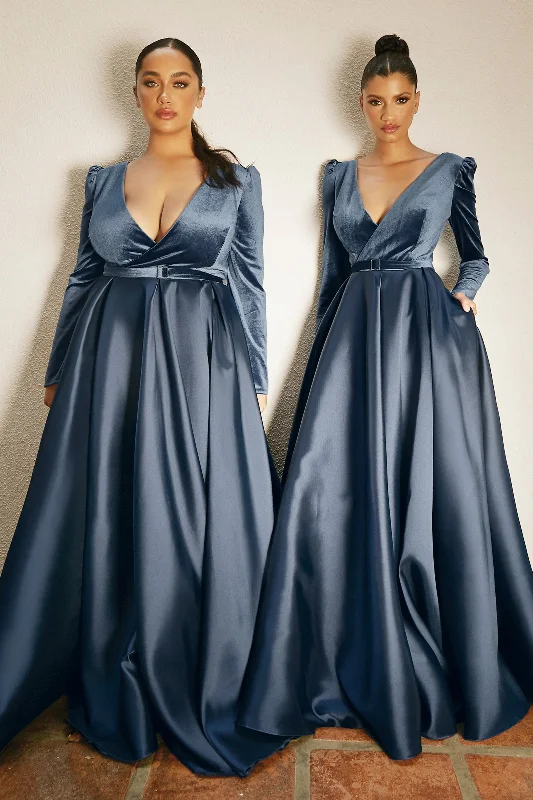 Velvet Long sleeves V-neck Fitted Bodice A-line Plus Size Long Ball & Prom Dress CDCD226