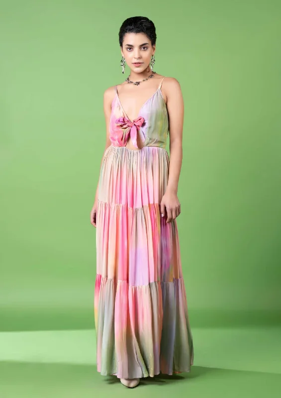 Drizzly floral front bow tiered dress