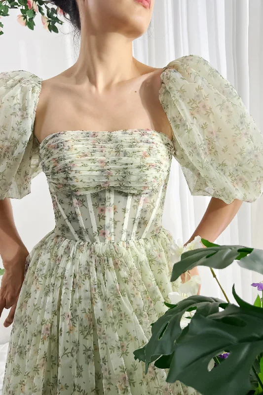 Corset Tie Back Floral Print Tulle Prom Dress with Removable Puff Sleeves