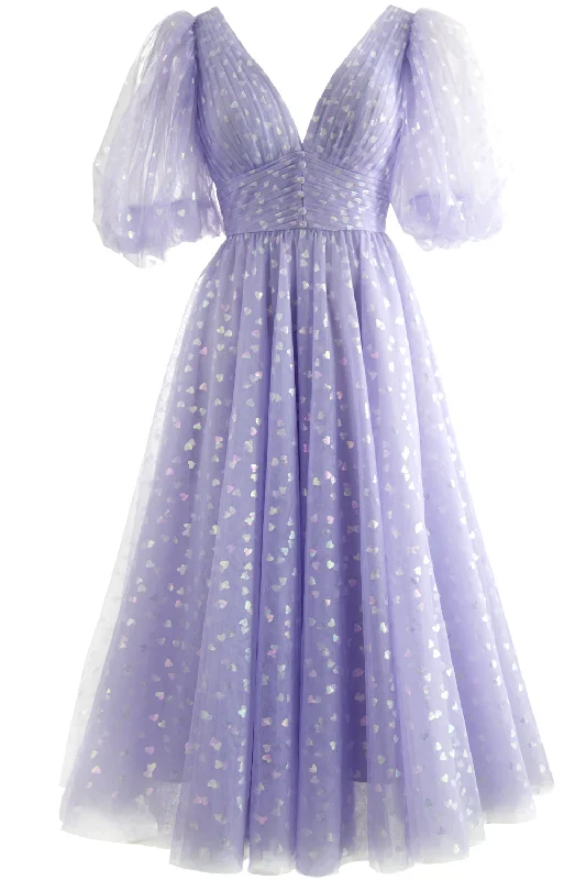 Puff Sleeves V Neck Tulle Midi Prom Dress
