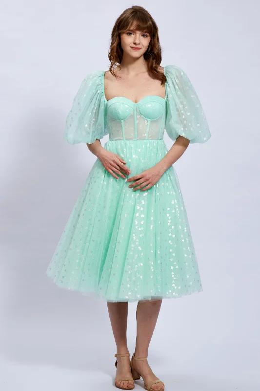 Puff Sleeves Illusion Tulle Sweetheart Midi Prom Dress