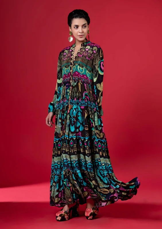Sylvan print front button down tier dress