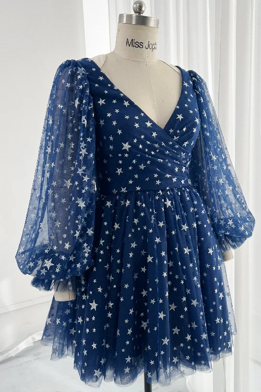 Long Puff Sleeves V Neck Mini Prom Dress