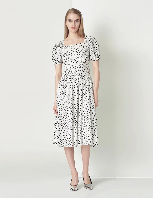MARYLING SQUARE COLLAR PUFFED SLEEVES DOTS PRINT DRESS