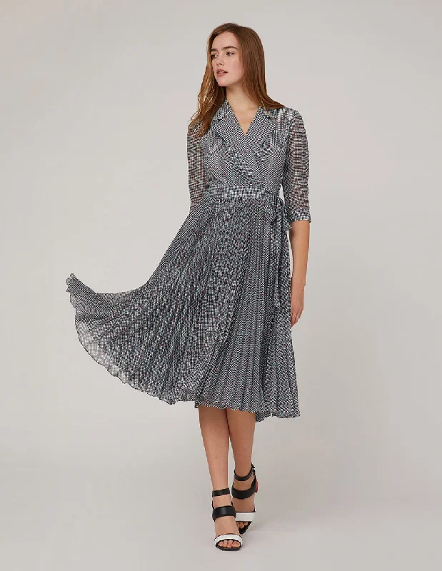 MARYLING Notch-Lapel Collar Georgette Houndstooth Checked Print Dress