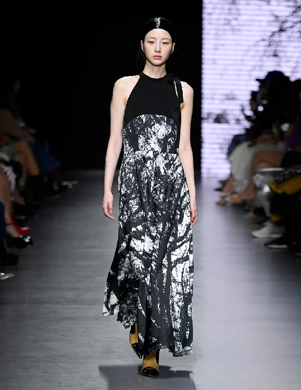 MARYLING artistic black and white tree shadow off-the-shoulder print dress