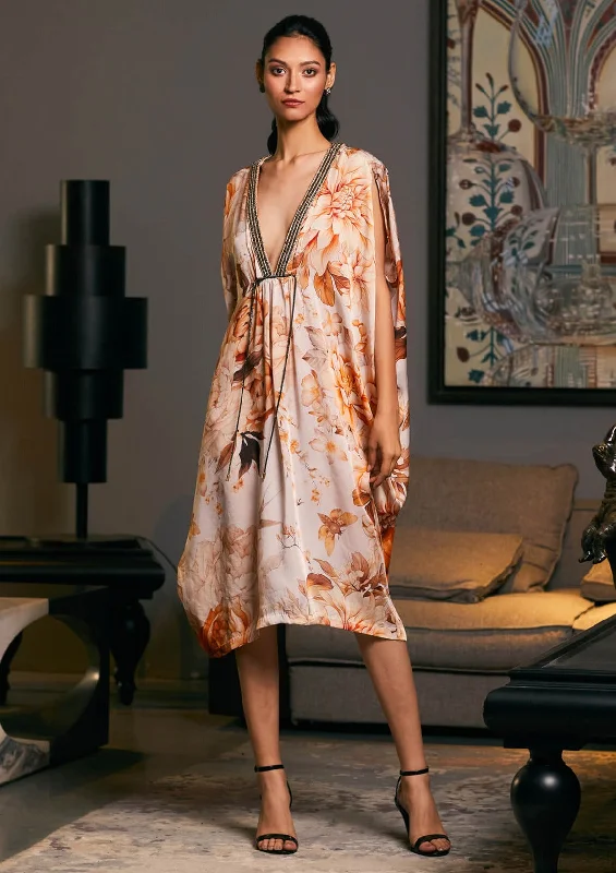 Beige printed belted kaftan dress