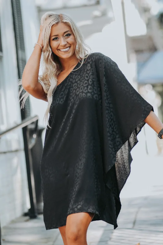 Black Leopard Draped One Shoulder Satin Dress