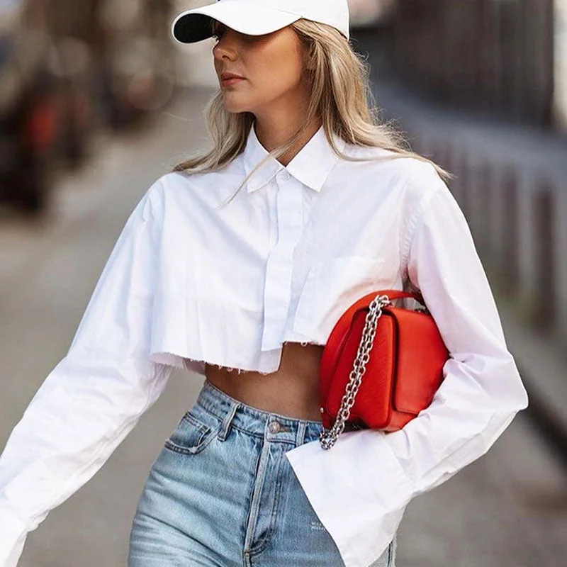 Asymmetrical Raw Hem Pocket Detail Long Sleeve Collared Button Up Crop Shirt Classic Cropped Short Sleeve Asymmetrical Raw Hem Pocket Detail Long Sleeve Collared Button Up Crop Shirt Classic Cropped Short Sleeve