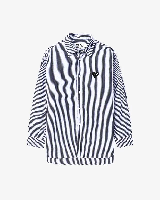 B018 UNISEX BLACK HEART SHIRT / BLUE WHITE STRIPE Relaxed Fit Short Blouse