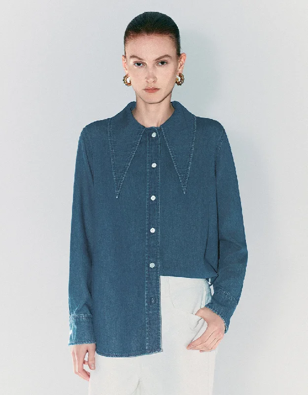 Button Up Straight Denim Shirt Elegant Silk Short Shirt