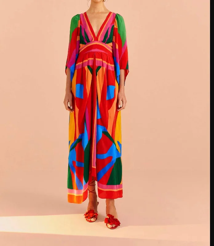 Colorful Leaves Midi Dress In Colorful Leaves Scarf Elegant Puff Sleeve Midi Dress