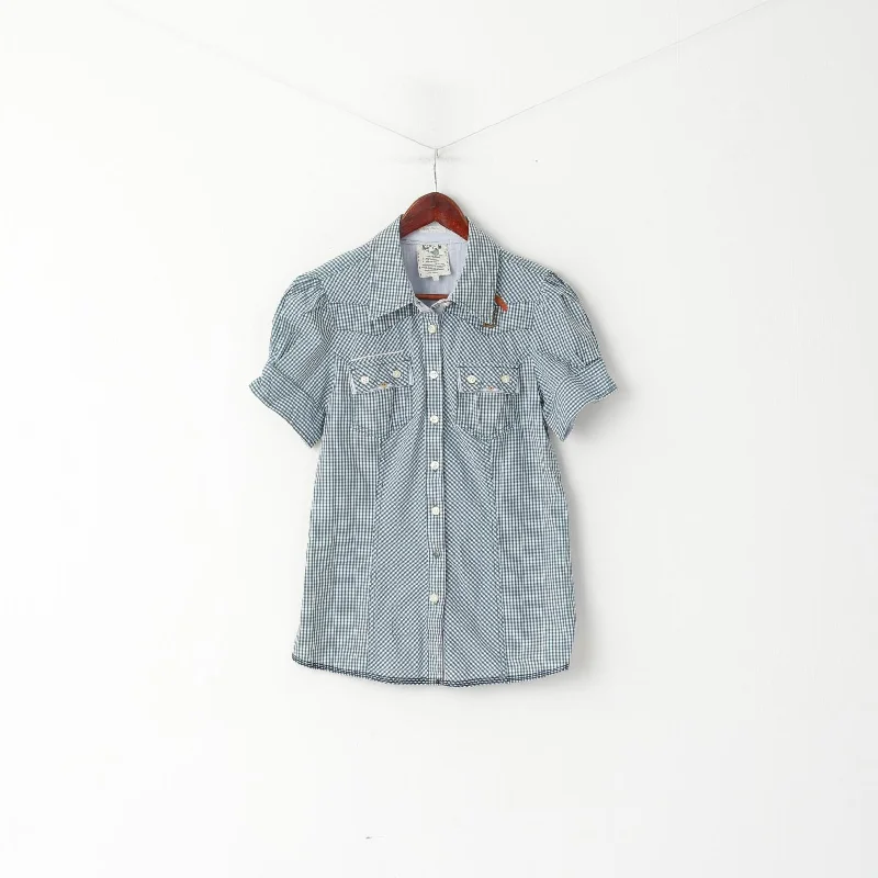 Khujo Women L (M) Casual Shirt Green Blue Check Cotton Rooftop Short Sleeve Top Classic Short Sleeve Tunic Khujo Women L (M) Casual Shirt Green Blue Check Cotton Rooftop Short Sleeve Top Classic Short Sleeve Tunic