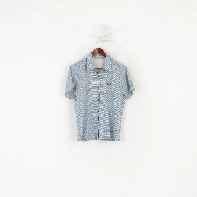 Jack Wolfskin Women M Casual Shirt Blue Check Vintage Outdoor Sport Top Chic Embellished Short Sleeve Jack Wolfskin Women M Casual Shirt Blue Check Vintage Outdoor Sport Top Chic Embellished Short Sleeve