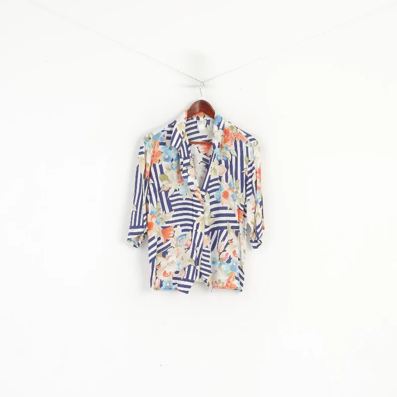 Flaser Women 42 XL Casual Shirt Blue Striped Floral Print Viscose Blouse Trendy Short Sleeve Blouse Flaser Women 42 XL Casual Shirt Blue Striped Floral Print Viscose Blouse Trendy Short Sleeve Blouse