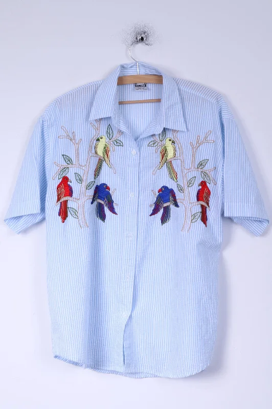 O//So Club Womens L Casual Shirt Cotton Blue Striped Embroidered Birds Relaxed Cotton Short Shirt O//So Club Womens L Casual Shirt Cotton Blue Striped Embroidered Birds Relaxed Cotton Short Shirt
