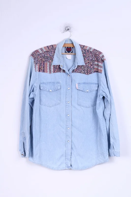 Marc Lauge Womens L Casual Shirt Blue Jeans Flowers Denim Cotton Italy Cozy Loose Fit Short Sleeve Marc Lauge Womens L Casual Shirt Blue Jeans Flowers Denim Cotton Italy Cozy Loose Fit Short Sleeve