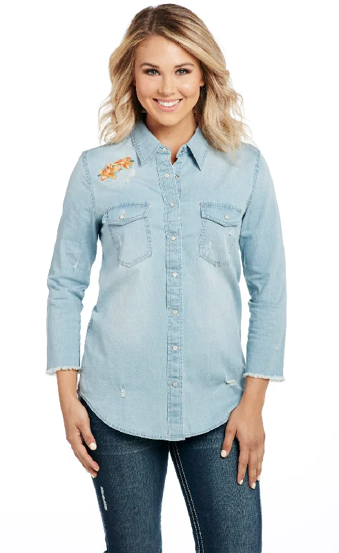 Cowgirl Up Womens Blue Cotton Blend Stonewash Raw Western Shirt S/S Classic Cropped Short Sleeve Cowgirl Up Womens Blue Cotton Blend Stonewash Raw Western Shirt S/S Classic Cropped Short Sleeve