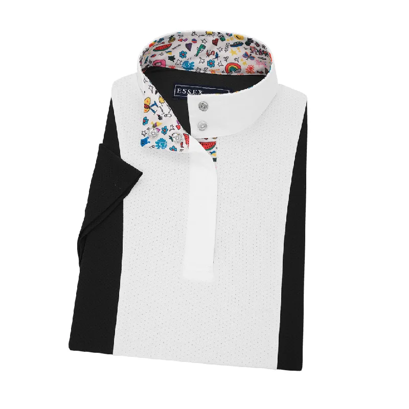 Essex Classics Ladies Luna Performance Happy Doodles Ladies Navy Short Sleeve Show Shirt Chic V-Neck Short Blouse Essex Classics Ladies Luna Performance Happy Doodles Ladies Navy Short Sleeve Show Shirt Chic V-Neck Short Blouse