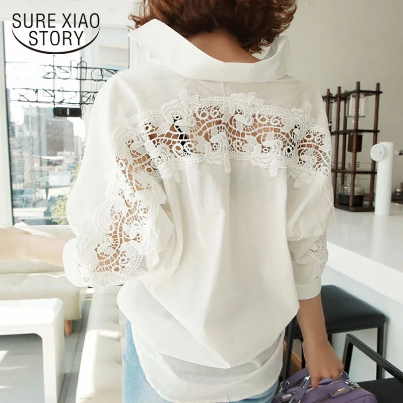 fashion women tops Summer 2020 backless sexy Hollow Out Lace Blouse Shirt Ladies casual Loose White office blouse women 1310 40 Classic Cropped Short Sleeve