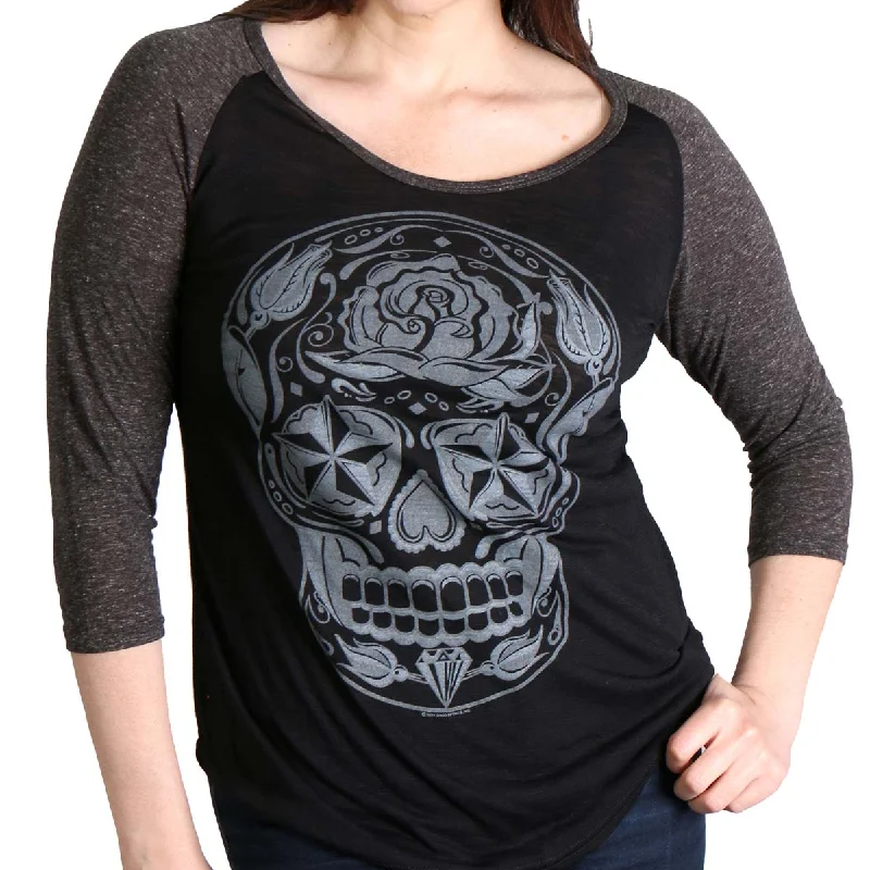 Hot Leathers GLC3352 Sugar Skull Black and Heather Grey 3/4 Sleeve Ladies Shirt Stylish Short Sleeve Polo Hot Leathers GLC3352 Sugar Skull Black and Heather Grey 3/4 Sleeve Ladies Shirt Stylish Short Sleeve Polo
