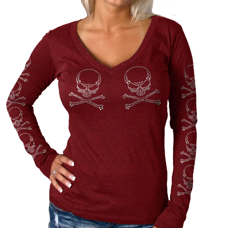 Hot Leathers Ladies Long Sleeve Studded Cross Bones Shirt Stylish Short Sleeve Top