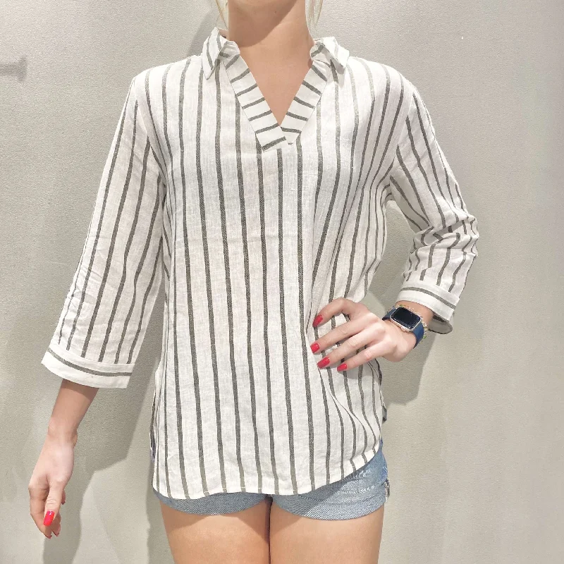 Kerenhart Striped Olive Shirt Relaxed Fit Short Blouse