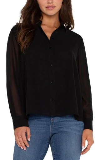 Long Sleeve Woven Shirt W/ Pleat Back Detail Comfortable Fit Short Shirt